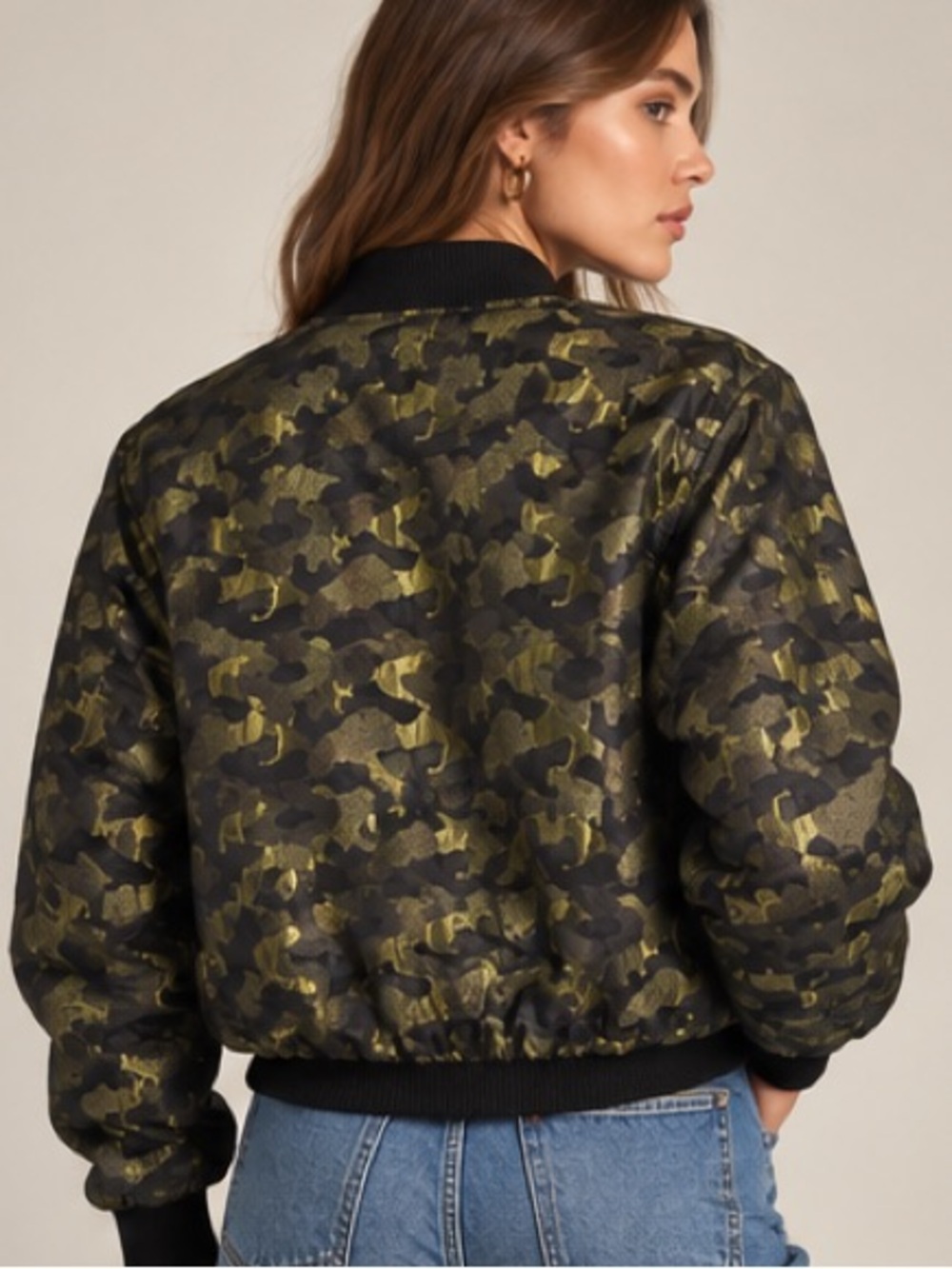 River Island metallic Camo Bomber Jacket in Black & Green Size Small